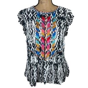Savanna‎ Jane Ruffle Sleeve Embroidered Blouse White Black Multicolor Size Small